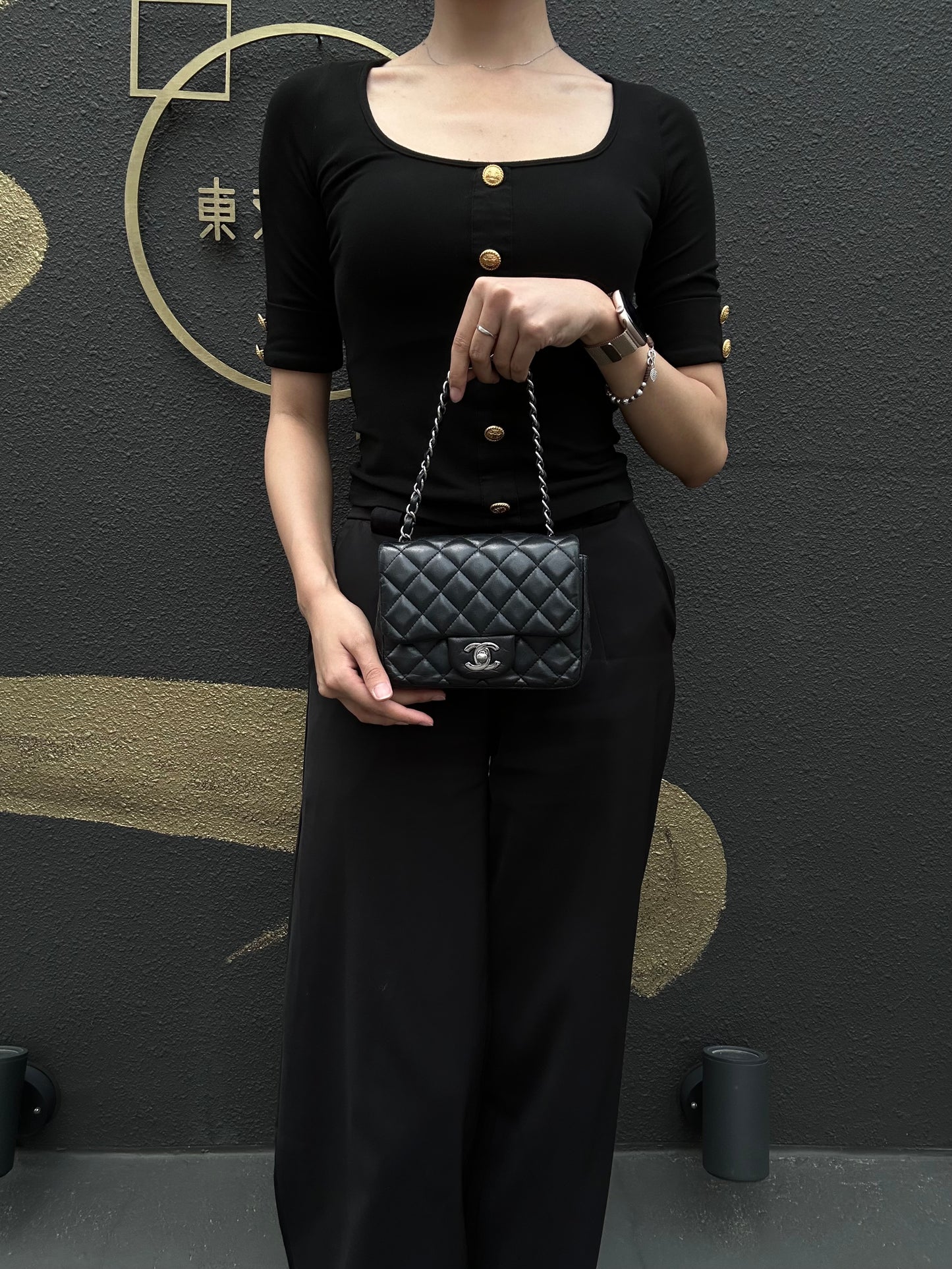 CHANEL Matelassé Square Mini Shoulder Bag Lambskin Black Silver Hardware