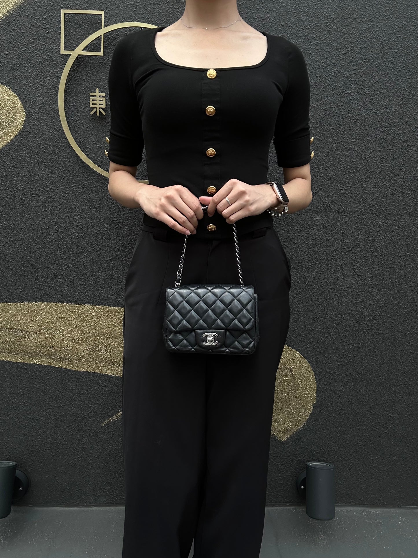 CHANEL Matelassé Square Mini Shoulder Bag Lambskin Black Silver Hardware
