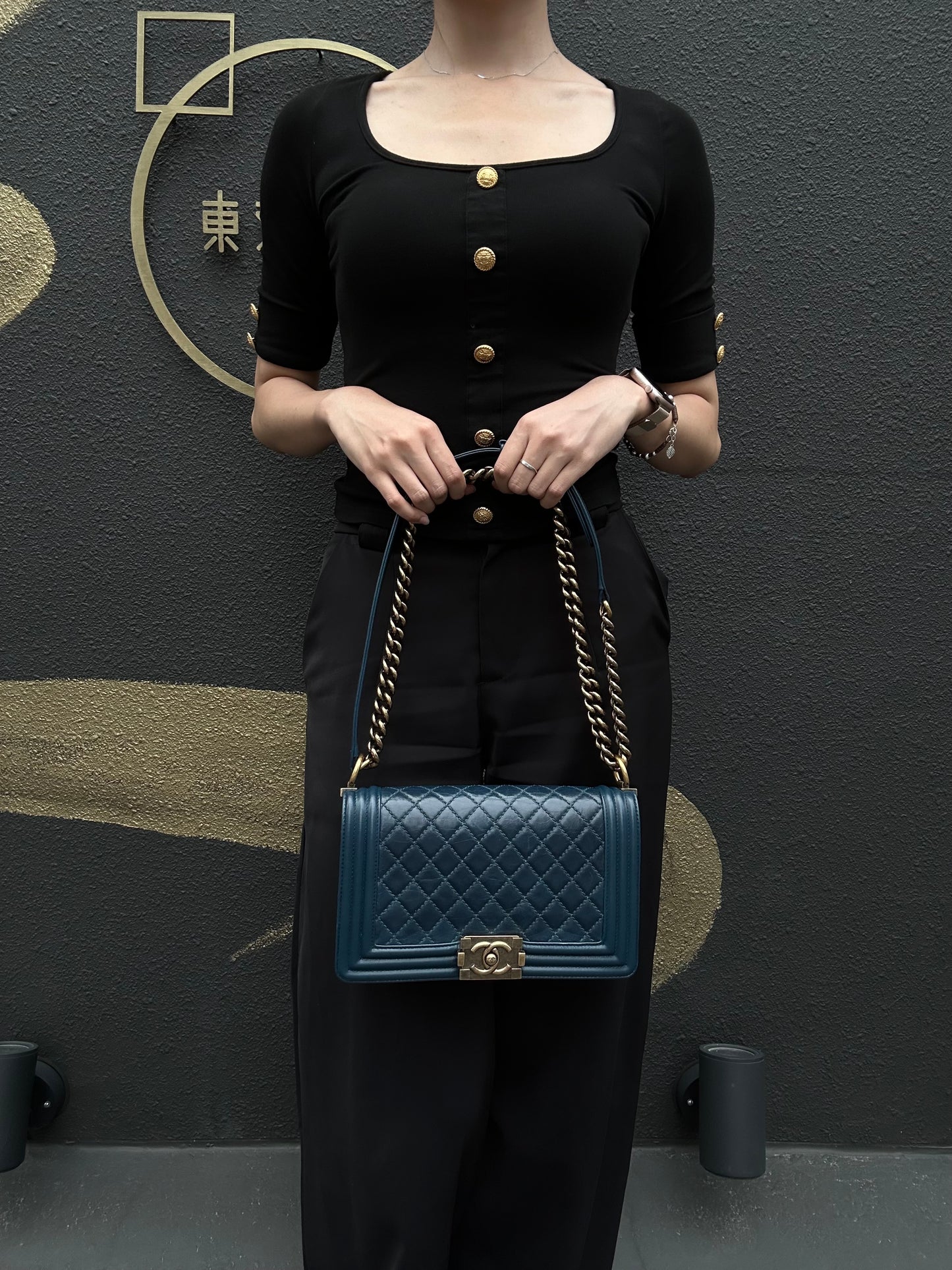 CHANEL Boy Quilted Lambskin Shoulder Bag Navy Gold Hardware