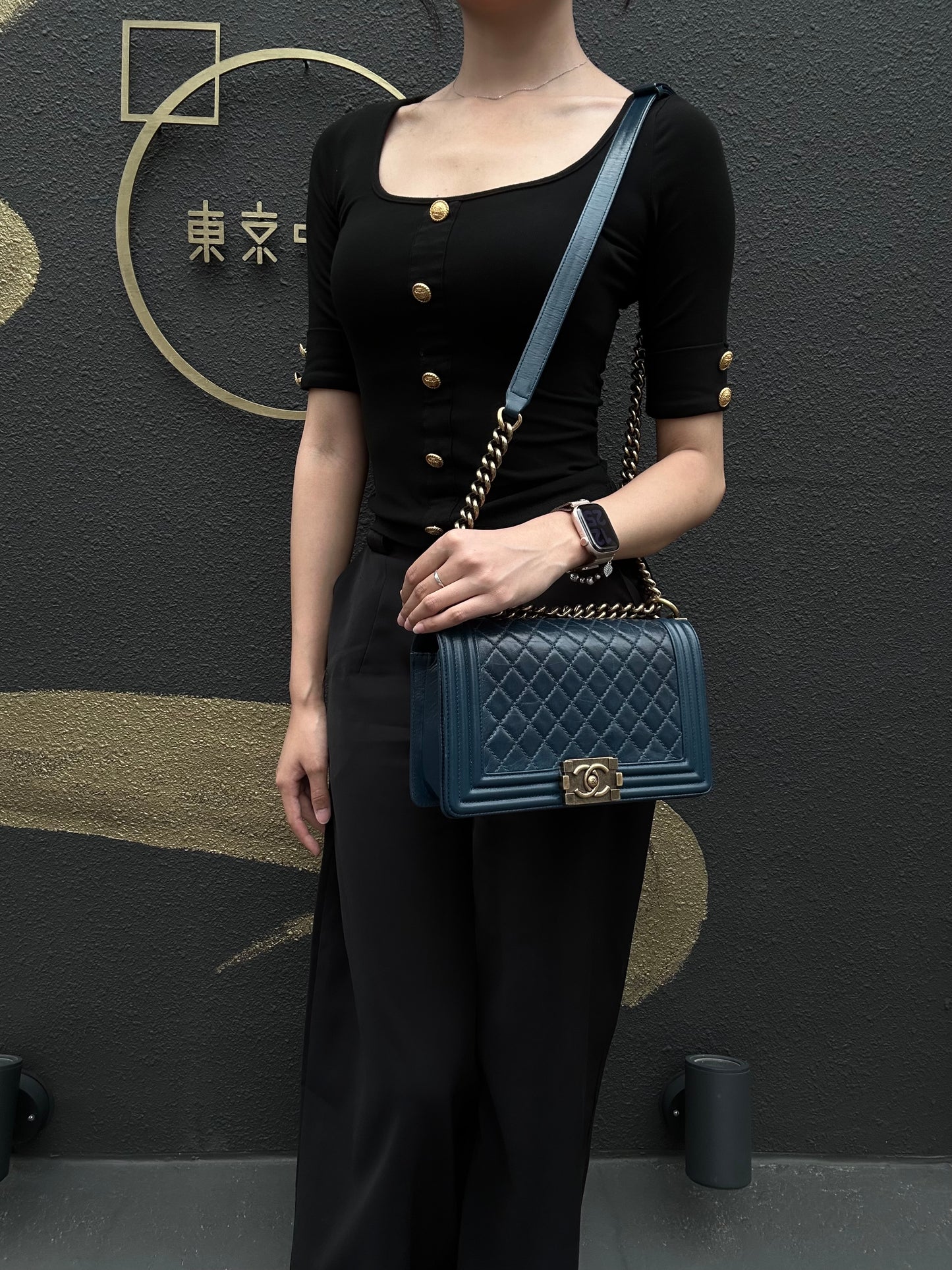 CHANEL Boy Quilted Lambskin Shoulder Bag Navy Gold Hardware