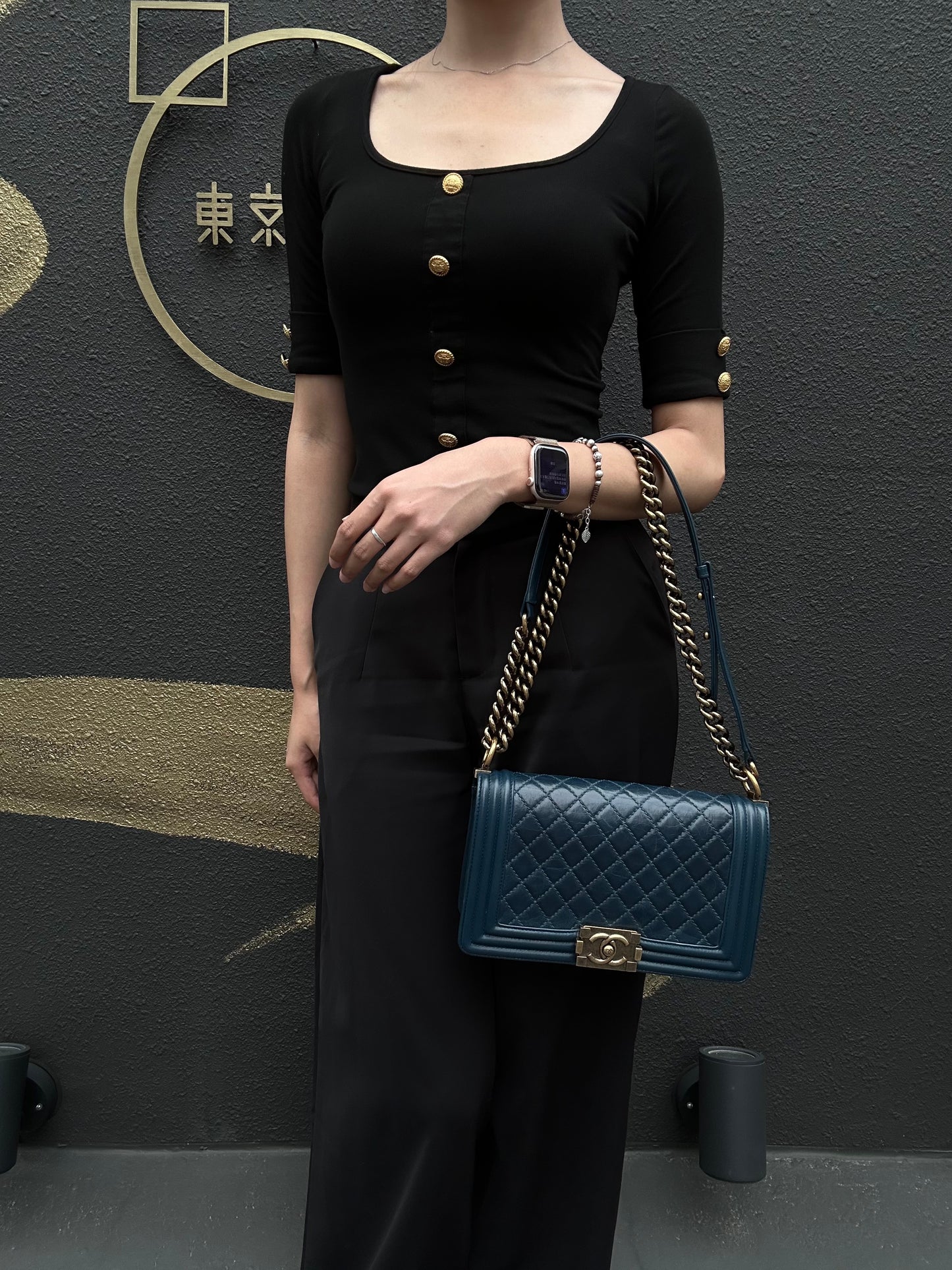 CHANEL Boy Quilted Lambskin Shoulder Bag Navy Gold Hardware