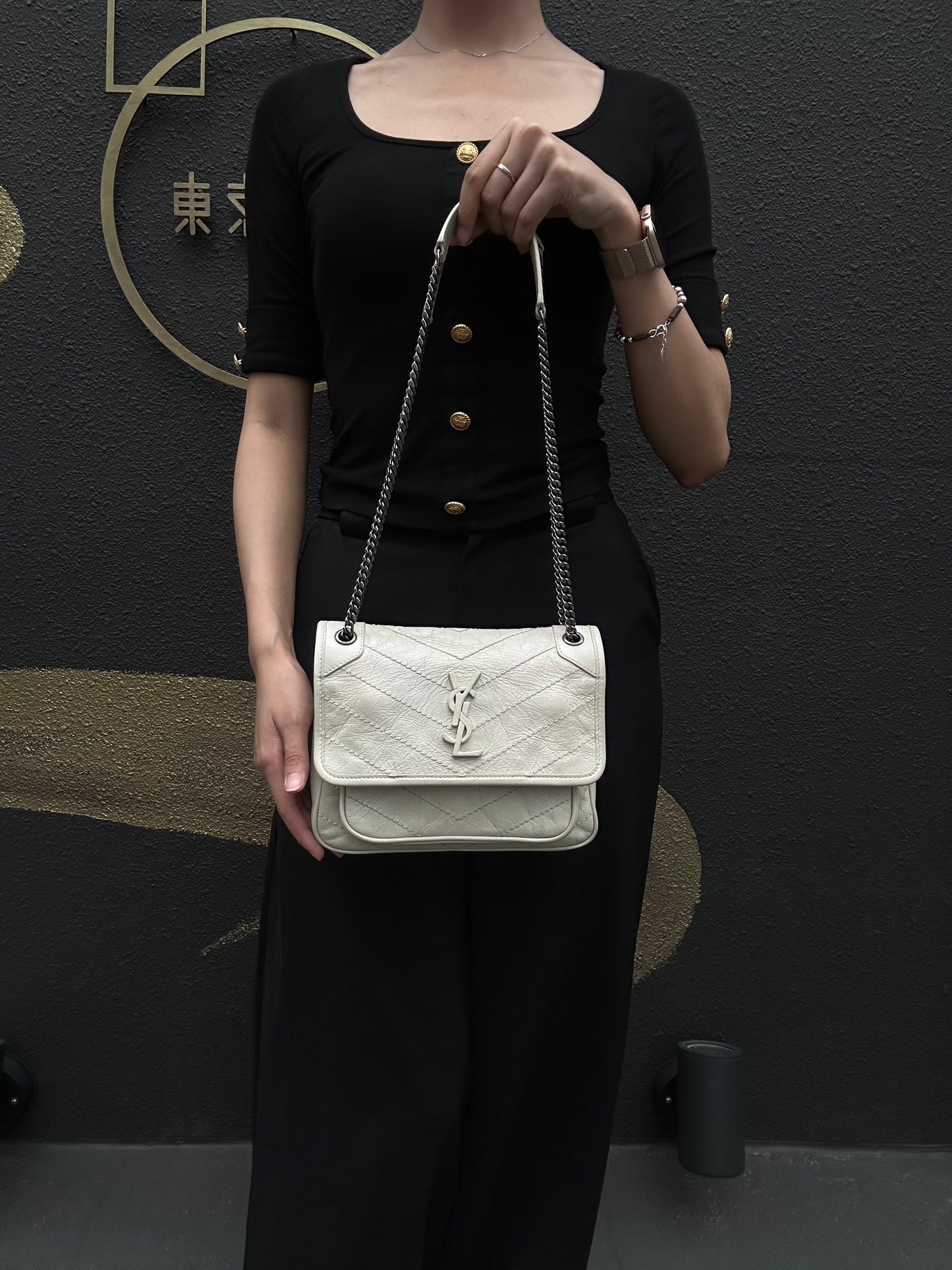 YVES SAINT LAURENT NIKI Leather Shoulder Bag White Dark Silver-Tone Hardware