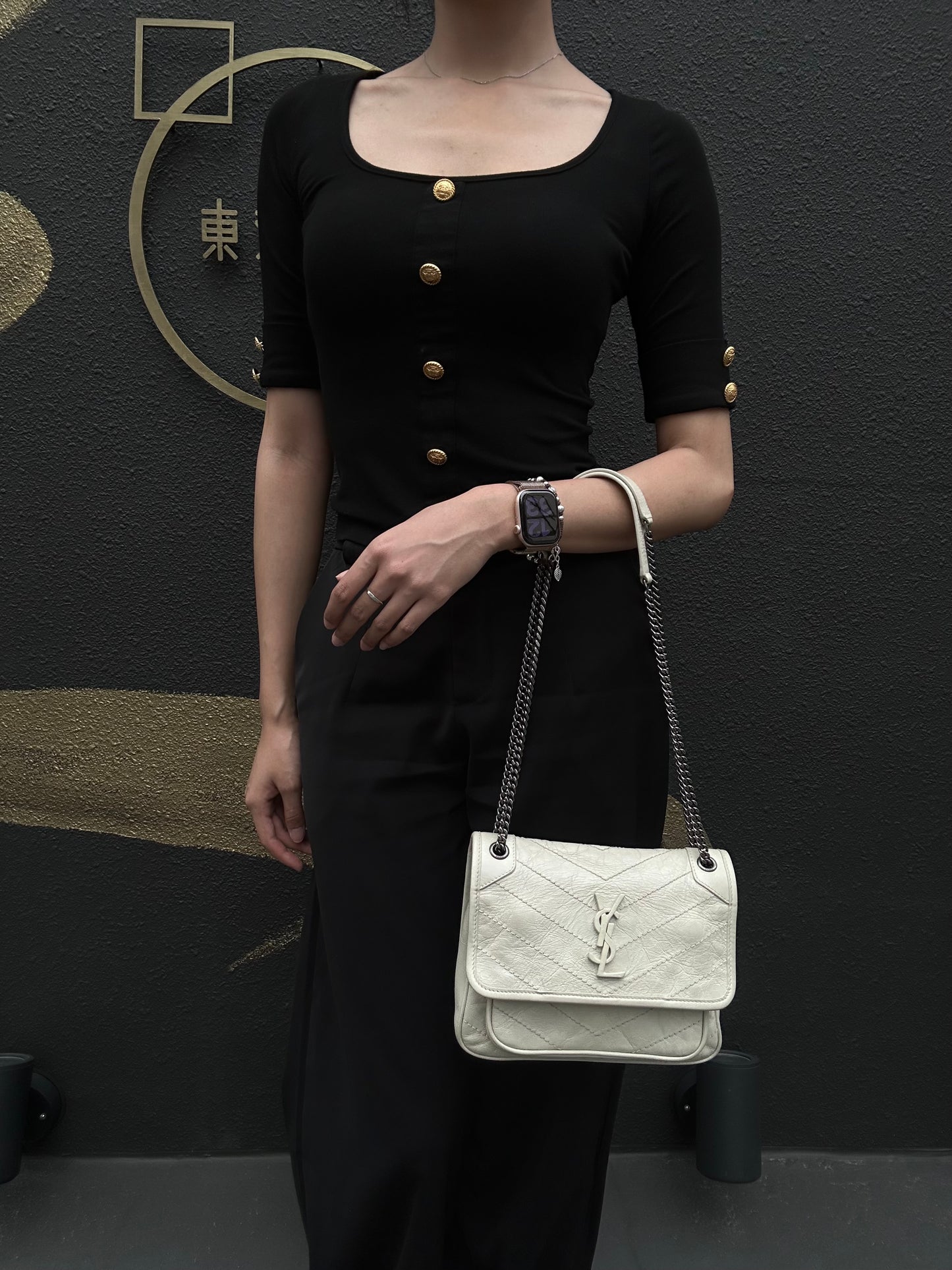 YVES SAINT LAURENT NIKI Leather Shoulder Bag White Dark Silver-Tone Hardware