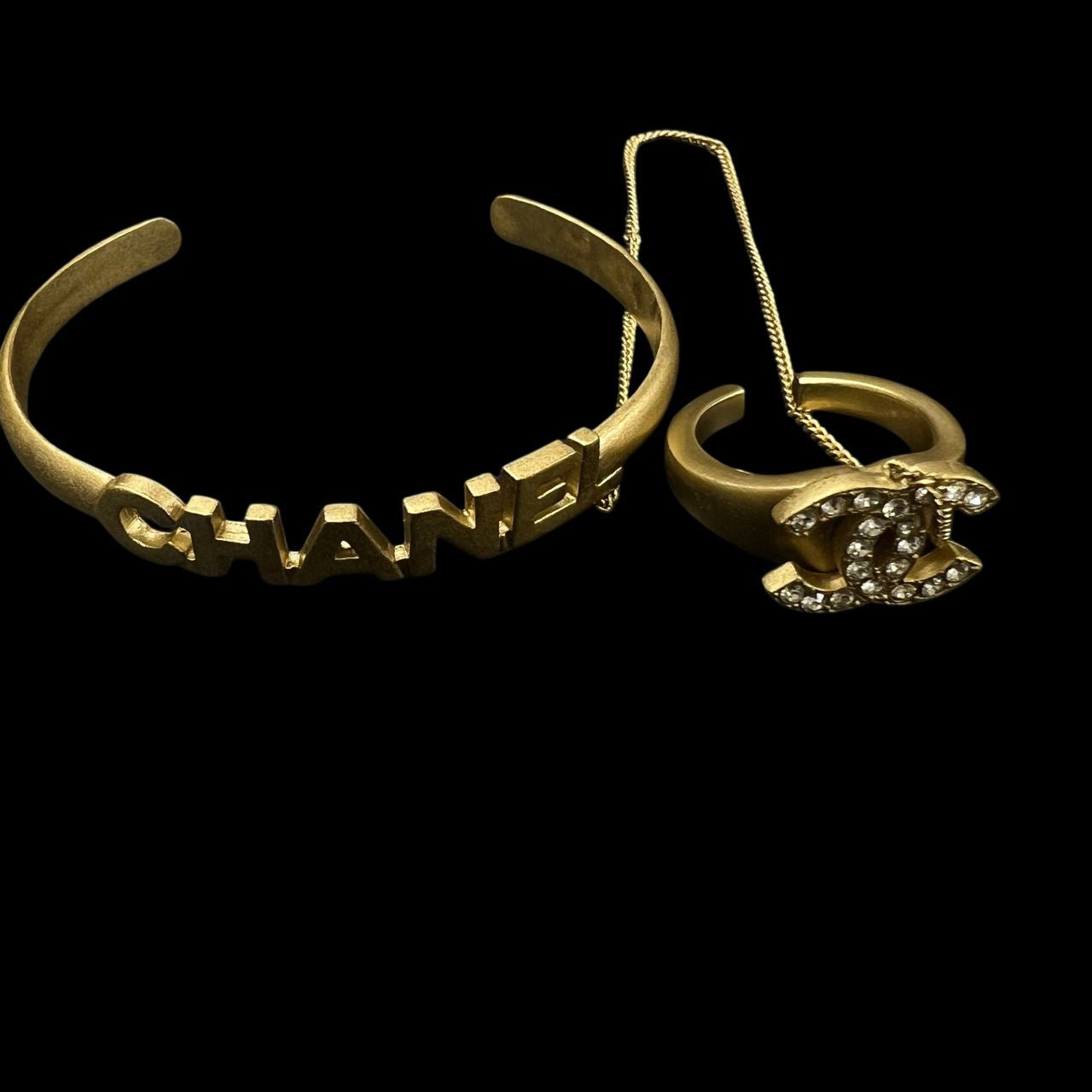 CHANEL Coco Mark logo rhinestone ring bracelet, with comments, size 11, 01C, with box, gold hardware, double strand, CHANEL alloy, double C logo bracelet and ring