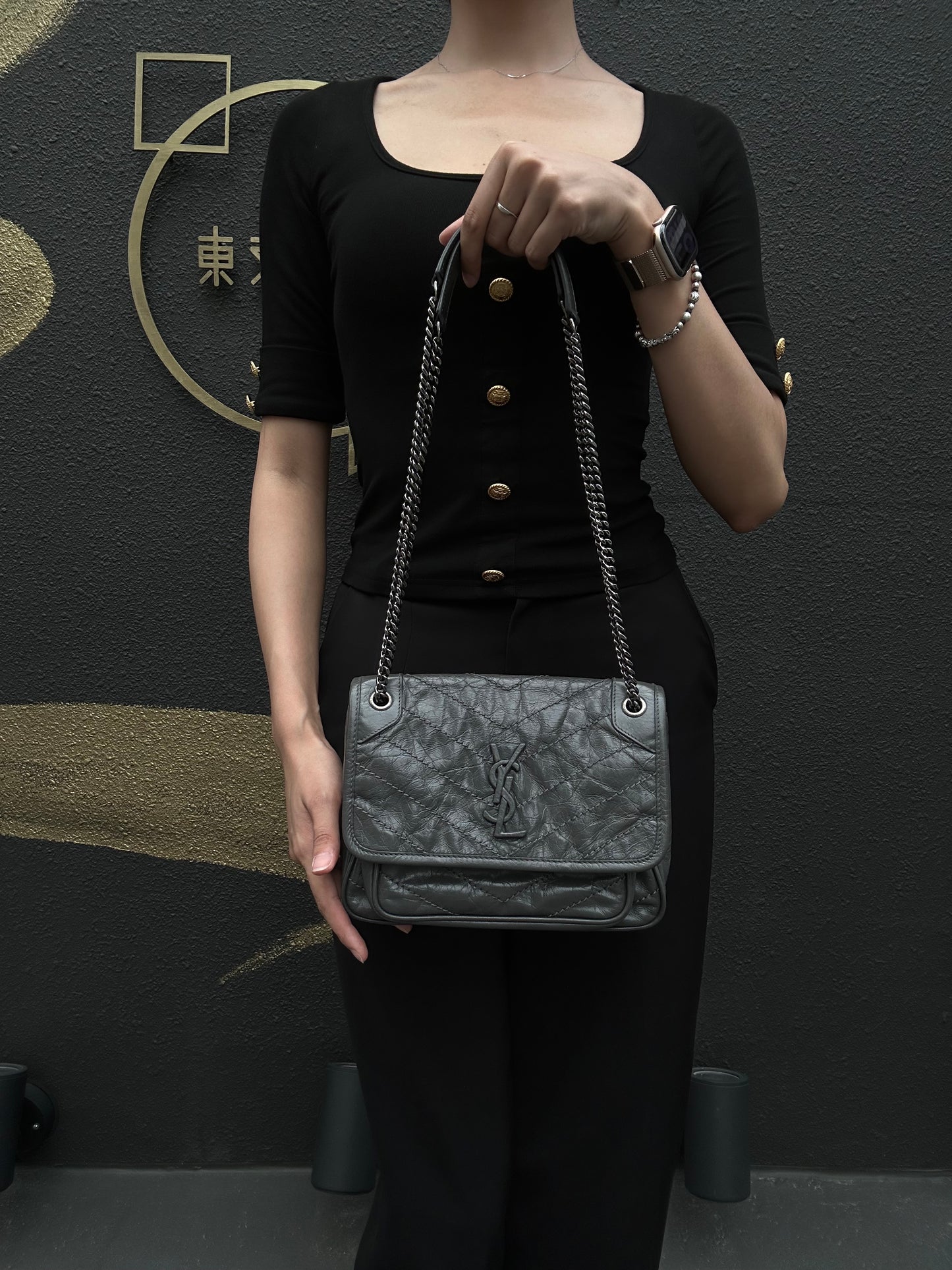 YSL Niki Small Quilted Chain Shoulder Bag, Gray Leather