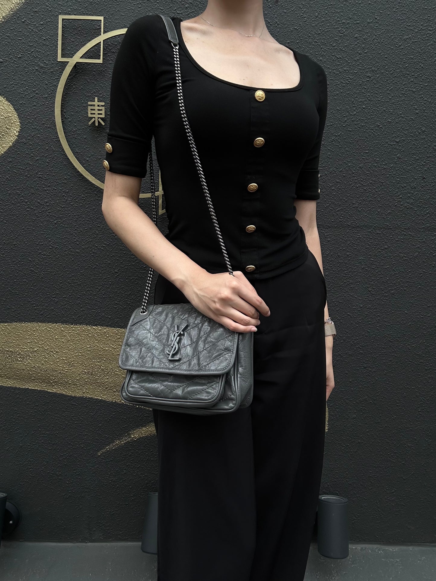 YSL Niki Small Quilted Chain Shoulder Bag, Gray Leather