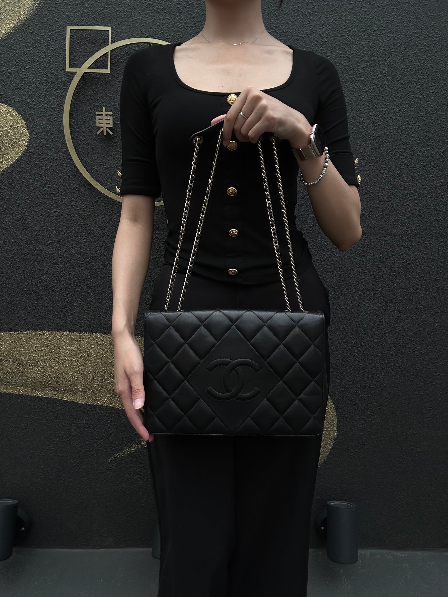 CHANEL Matelassé Chain Tote Shoulder Bag Lambskin Black Large Double CC Logo