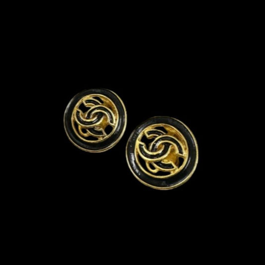 CHANEL earring set, with comments, 93C, with box, gold hardware, black, gold alloy, clip-on earrings