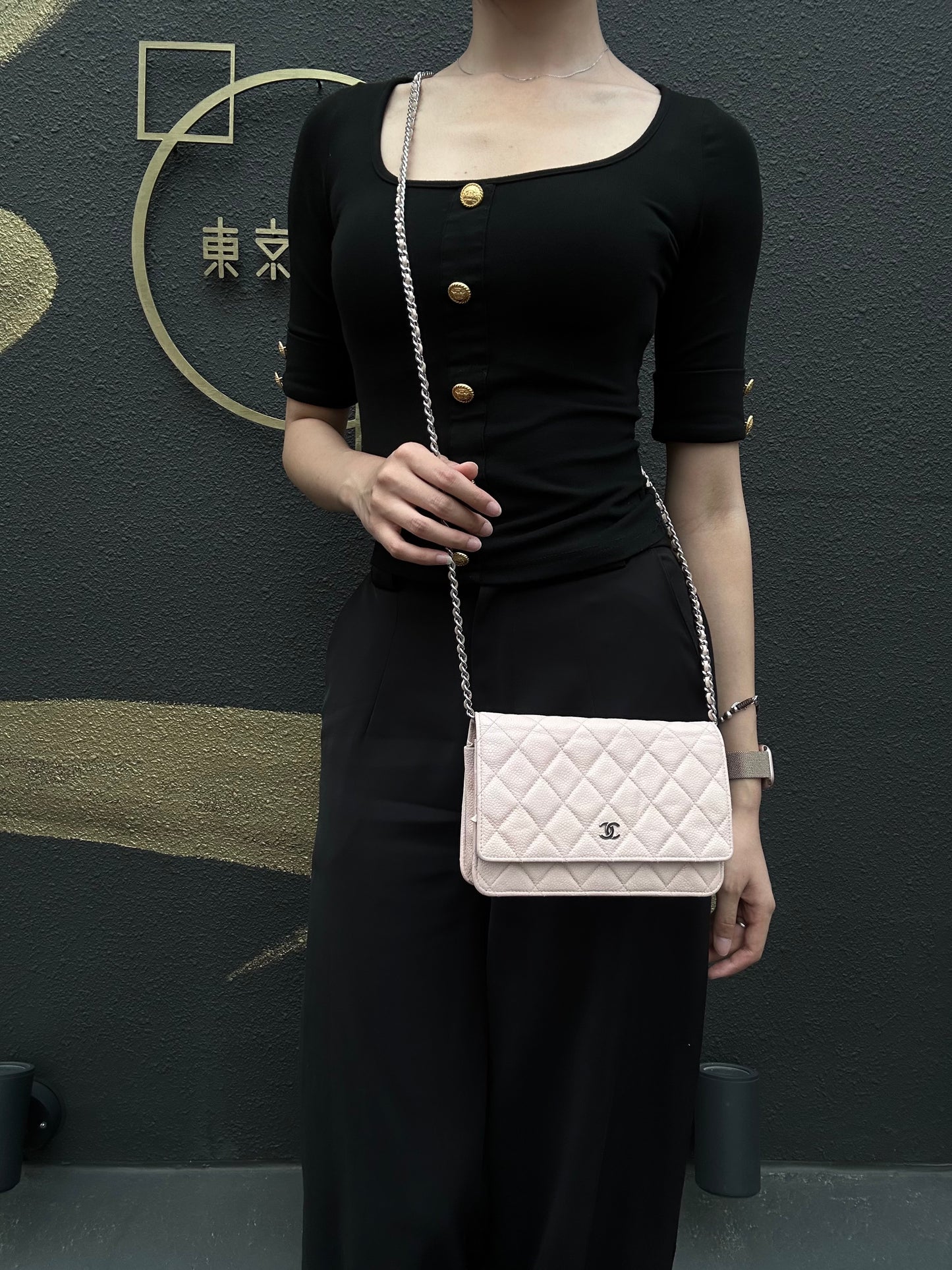 CHANEL Matelasse WOC Wallet On Chain Shoulder Bag Caviar Leather Pink Silver Hardware