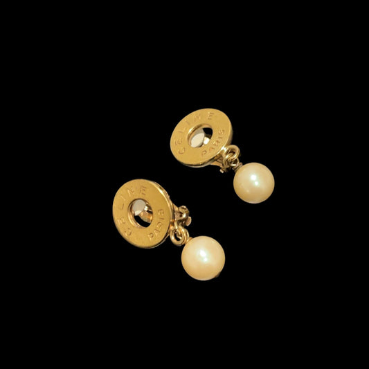 CELINE pearl earrings, gold hardware, clip-on, alloy