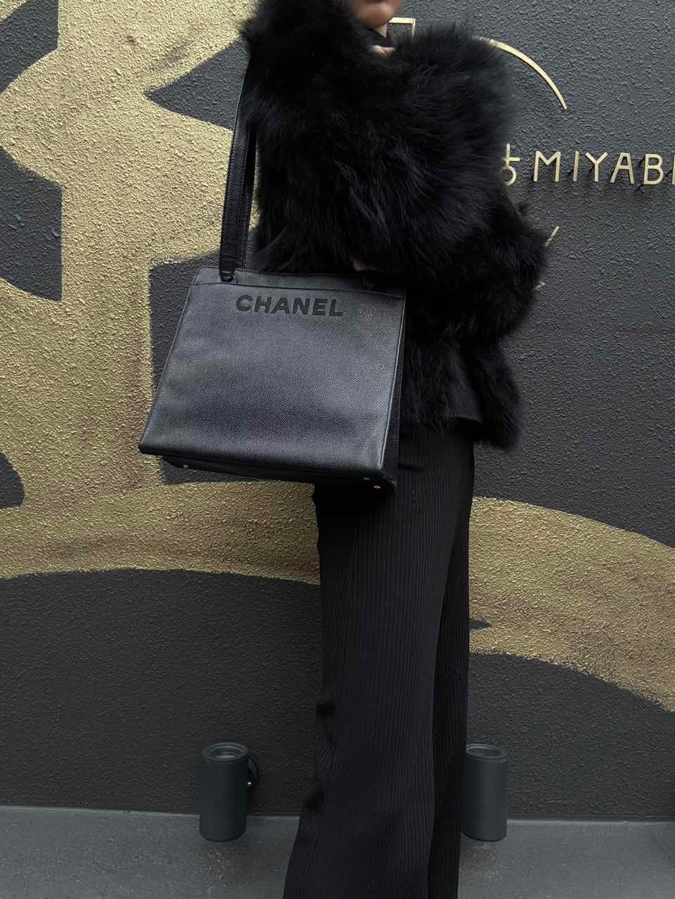 CHANEL Tote Bag Caviar Skin Black Gold Hardware CHANEL Black Calfskin Leather Tote Shoulder Bag