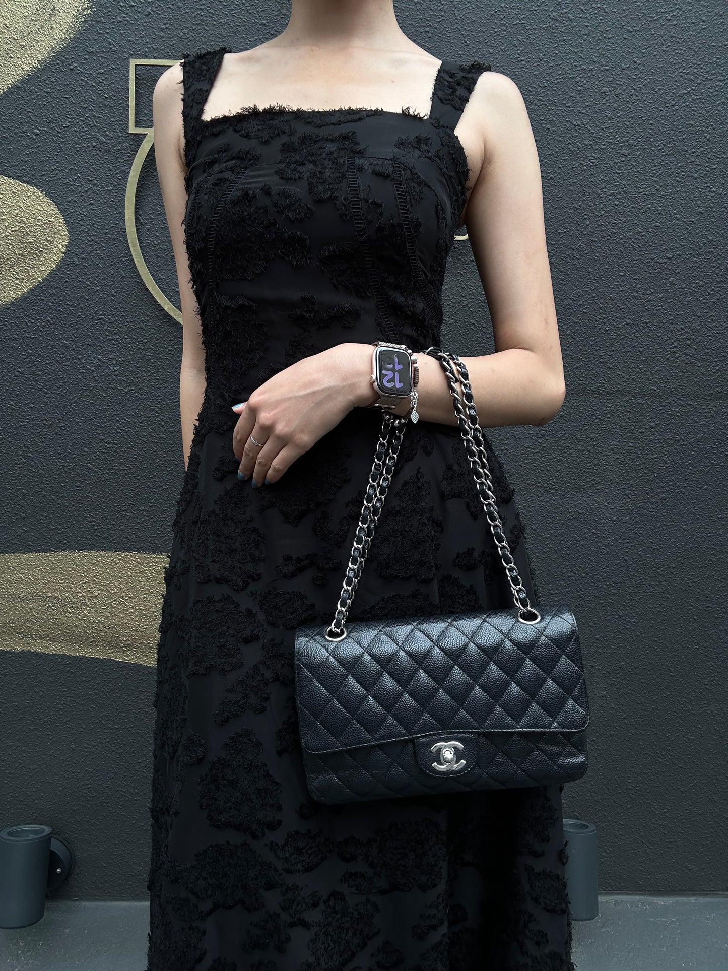 CHANEL Classic Flap Quilted Shoulder Bag, Caviar Leather, Black with Silver Hardware