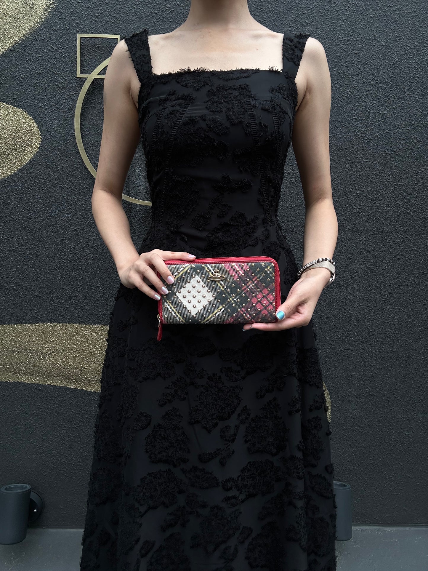 VIVIENNE WESTWOOD Tartan Studded Zip Around Wallet Leather Multicolor Gold Orb Logo Hardware