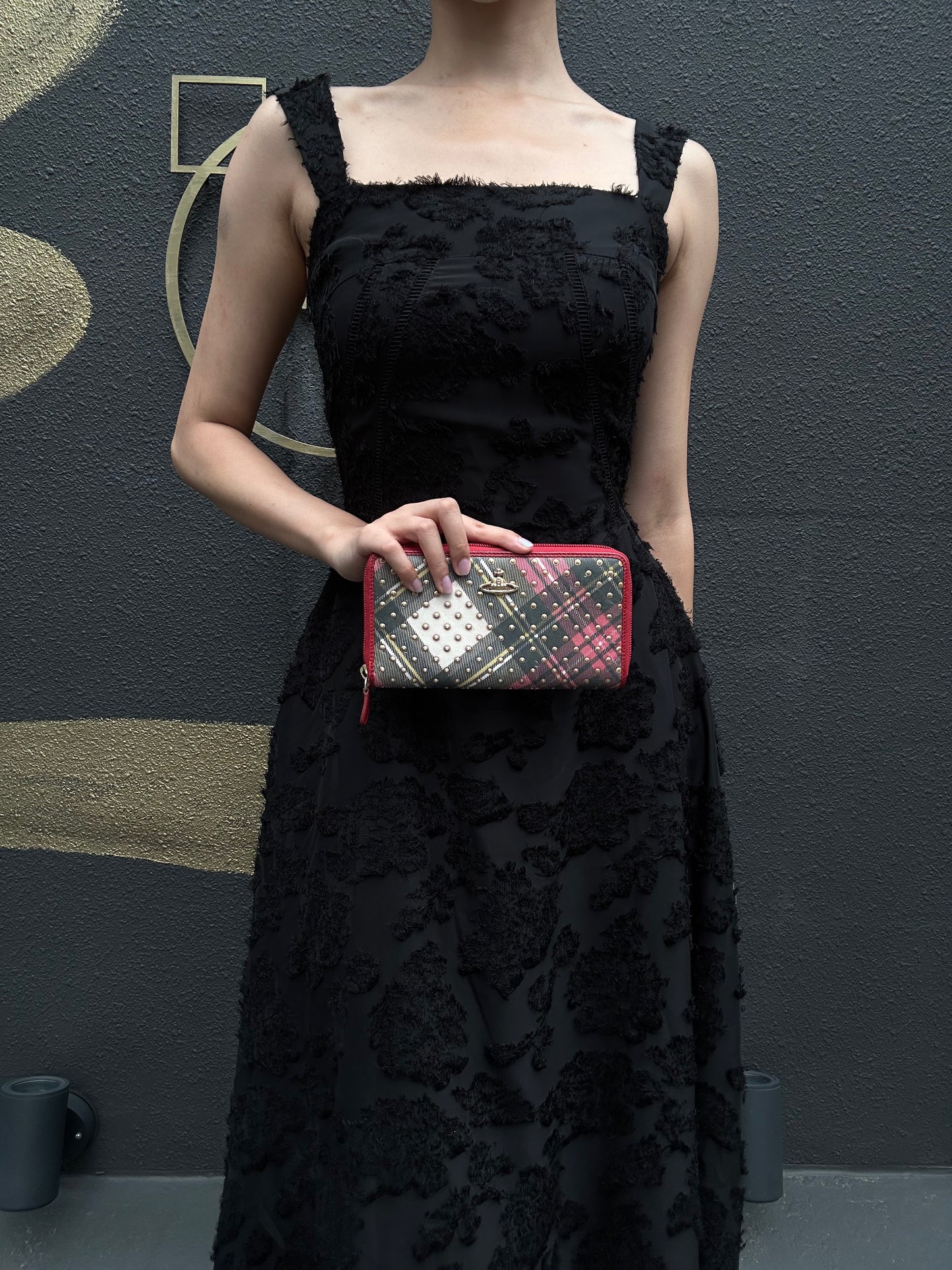 VIVIENNE WESTWOOD Tartan Studded Zip Around Wallet Leather Multicolor Gold Orb Logo Hardware
