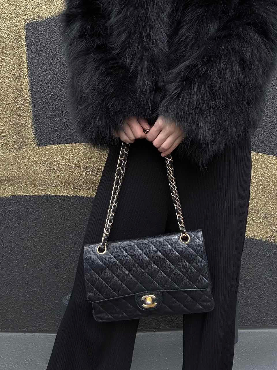 CHANEL Classic Flap (CF) Matelasse Shoulder Bag, Black, Gold Hardware, Grained Calfskin, Crossbody Bag