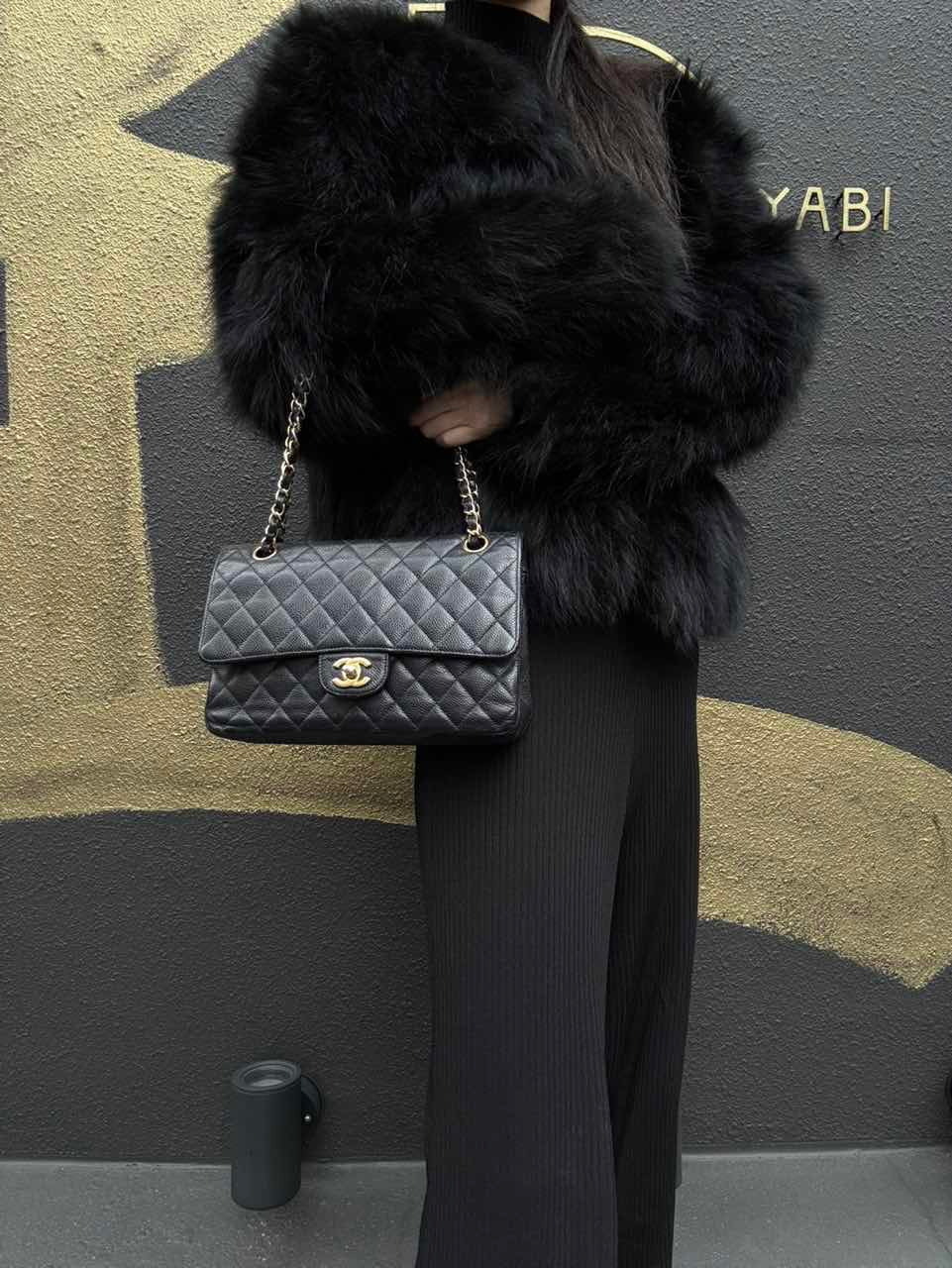CHANEL Classic Flap (CF) Matelasse Shoulder Bag, Black, Gold Hardware, Grained Calfskin, Crossbody Bag