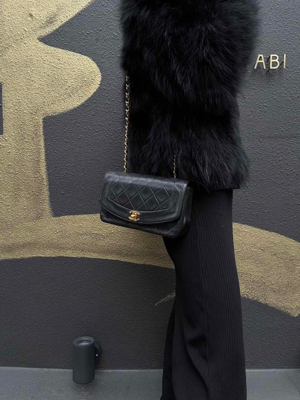 CHANEL Diana Matelasse Shoulder Bag Lambskin Black Gold Hardware