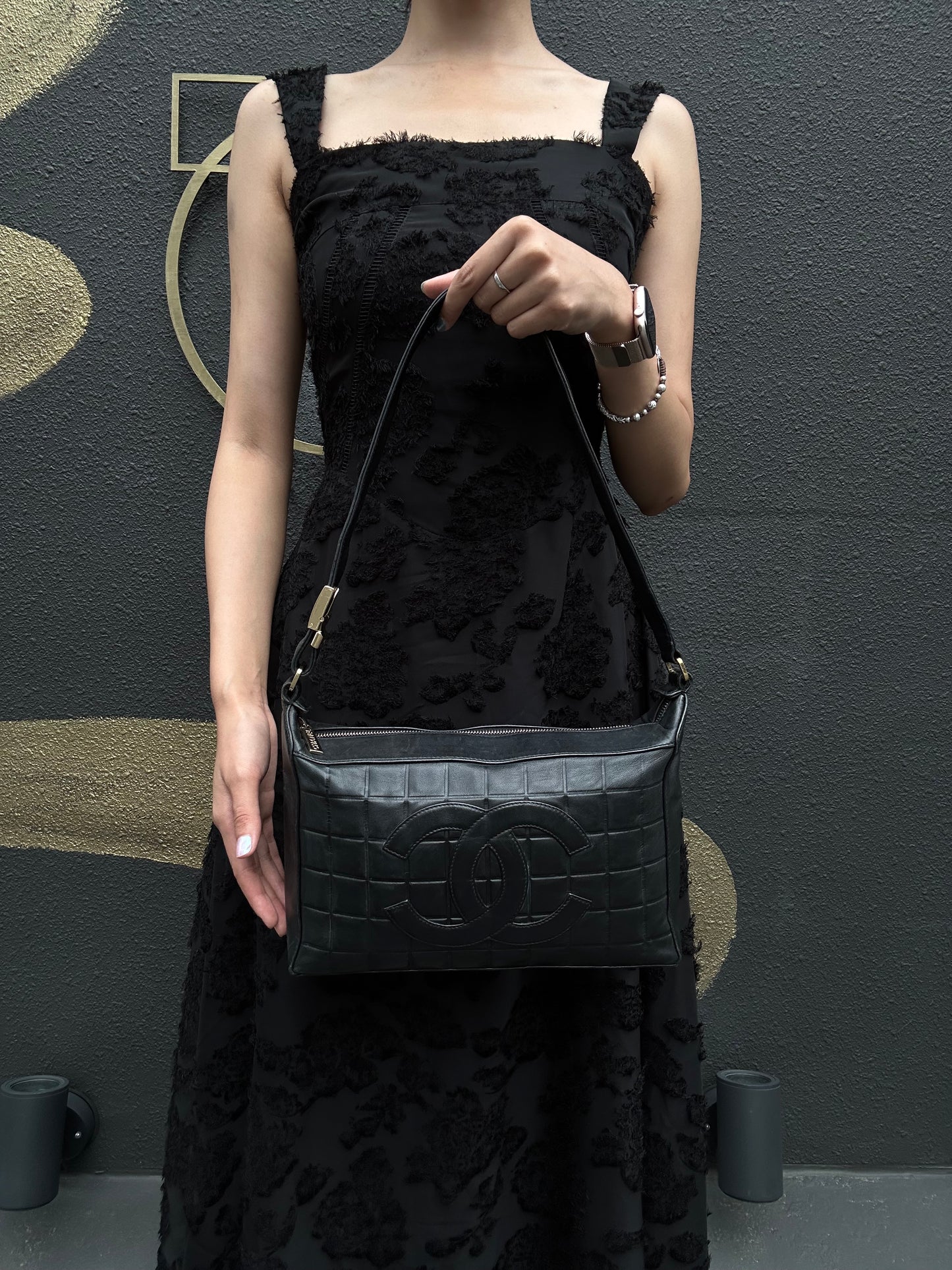 CHANEL Choco Bar Calfskin Shoulder Bag Black