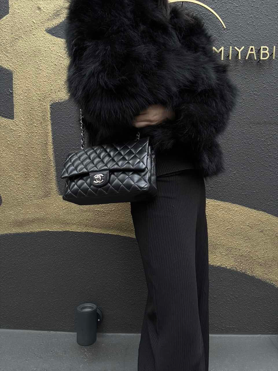 CHANEL Classic Flap (CF) Matelasse Shoulder Bag, Lambskin, Black, Silver Hardware