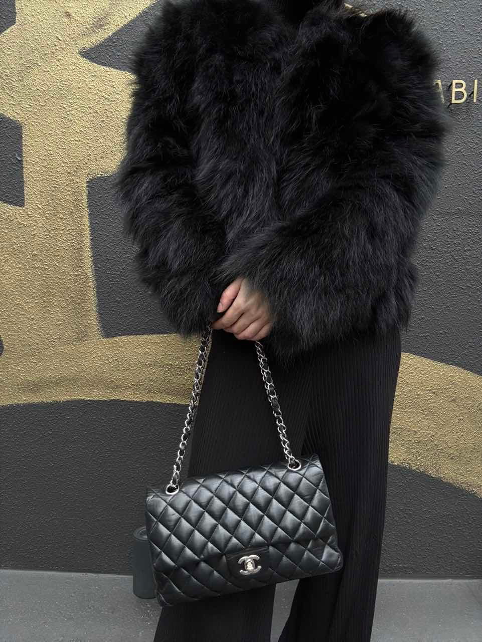 CHANEL Classic Flap (CF) Matelasse Shoulder Bag, Lambskin, Black, Silver Hardware