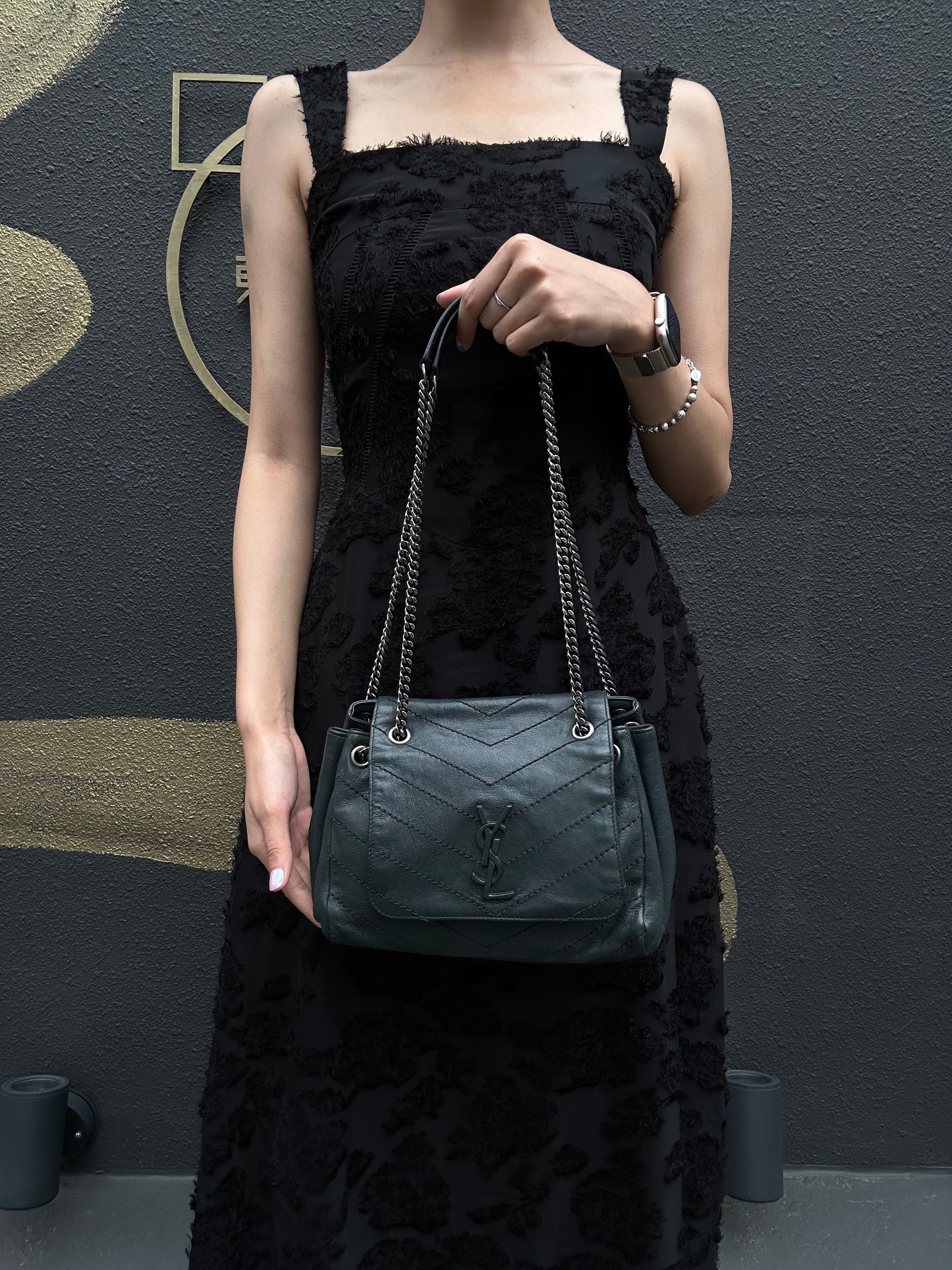 YVES SAINT LAURENT Niki Dark Grey Leather V-Quilted Shoulder Bag With Silver Hardware