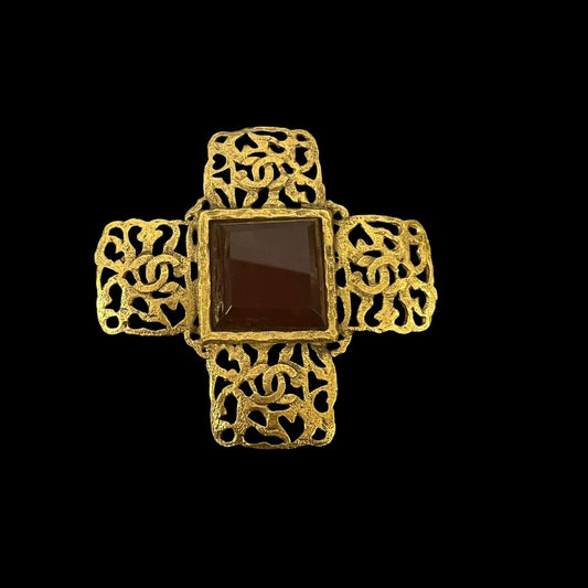 CHANEL Coco Mark Brooch with Red Stone, Gold-Plated Alloy, Brooch