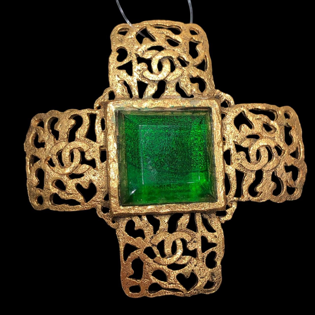 CHANEL Coco Mark Brooch with Green Stone, Gold-Plated Alloy, Brooch