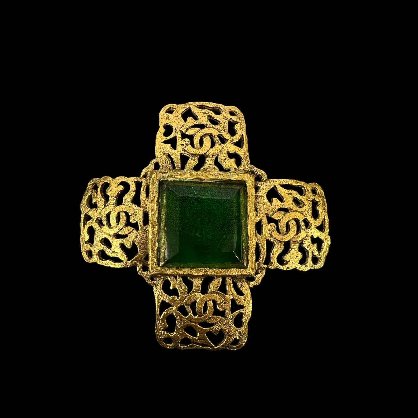 CHANEL Coco Mark Brooch with Green Stone, Gold-Plated Alloy, Brooch