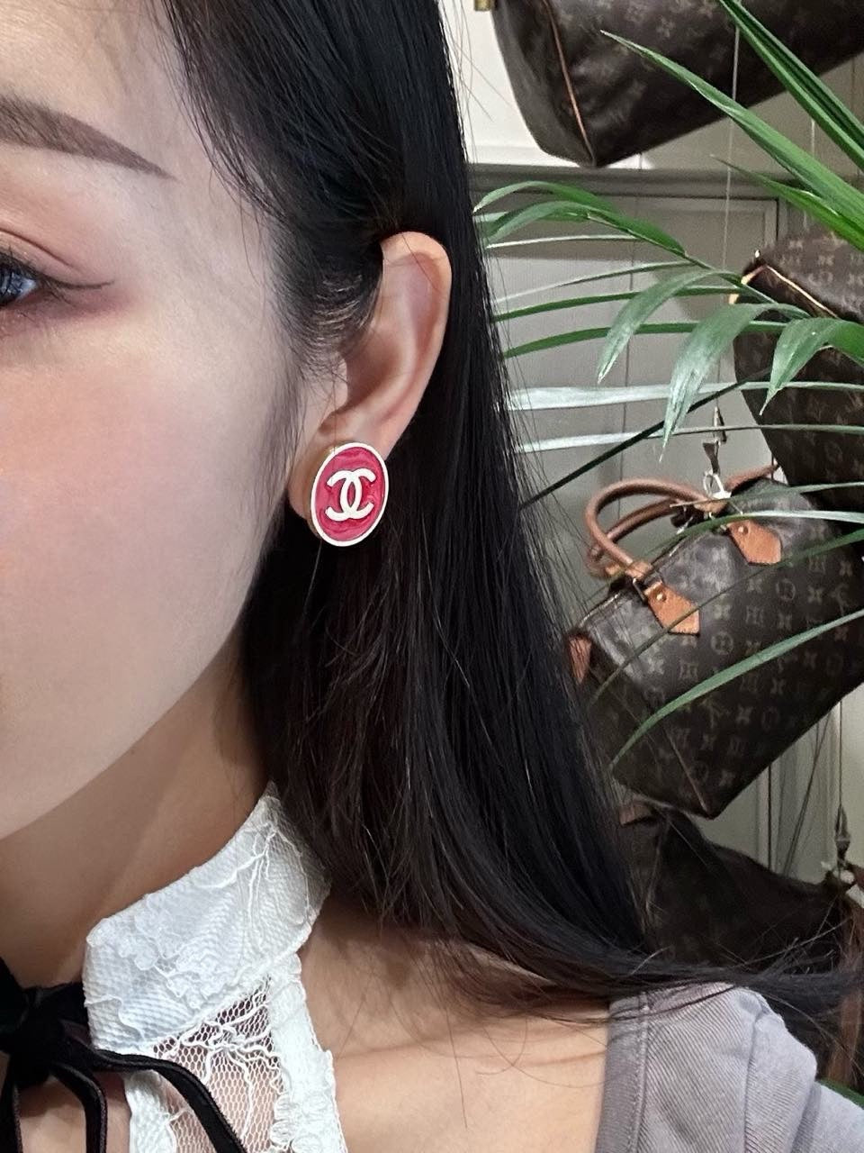 CHANEL Coco Mark Earrings, Red, Gold-Plated Alloy, With Box, Clip-On Earrings