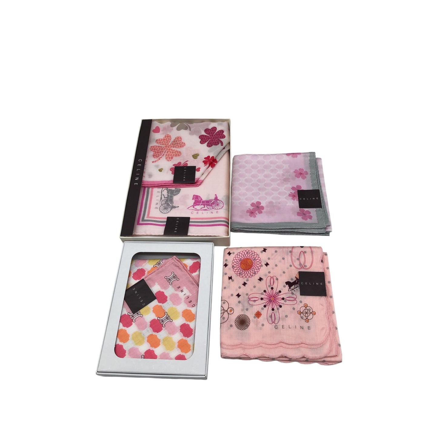 CELINE Handkerchief Set, Pink, with Box, Square Scarf Gift Box