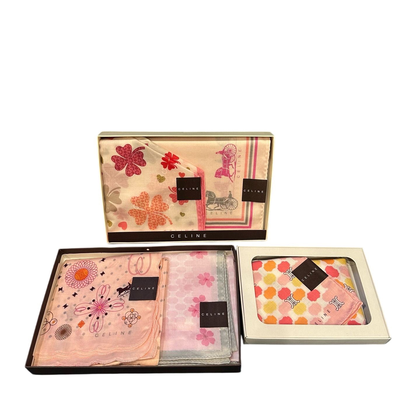 CELINE Handkerchief Set, Pink, with Box, Square Scarf Gift Box