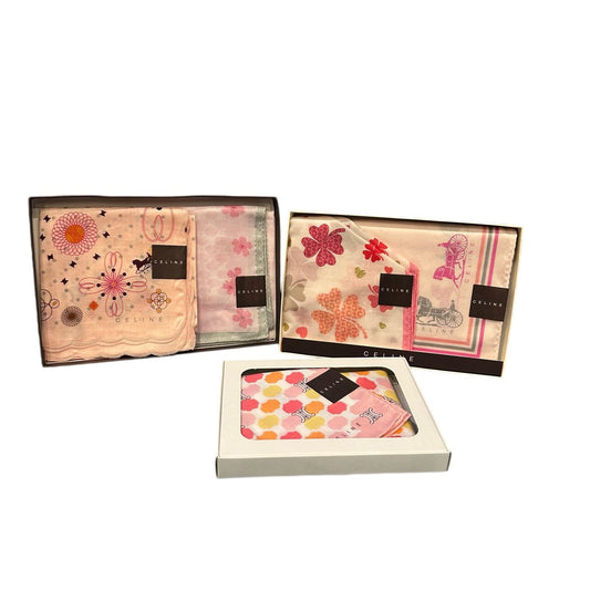 CELINE Handkerchief Set, Pink, with Box, Square Scarf Gift Box