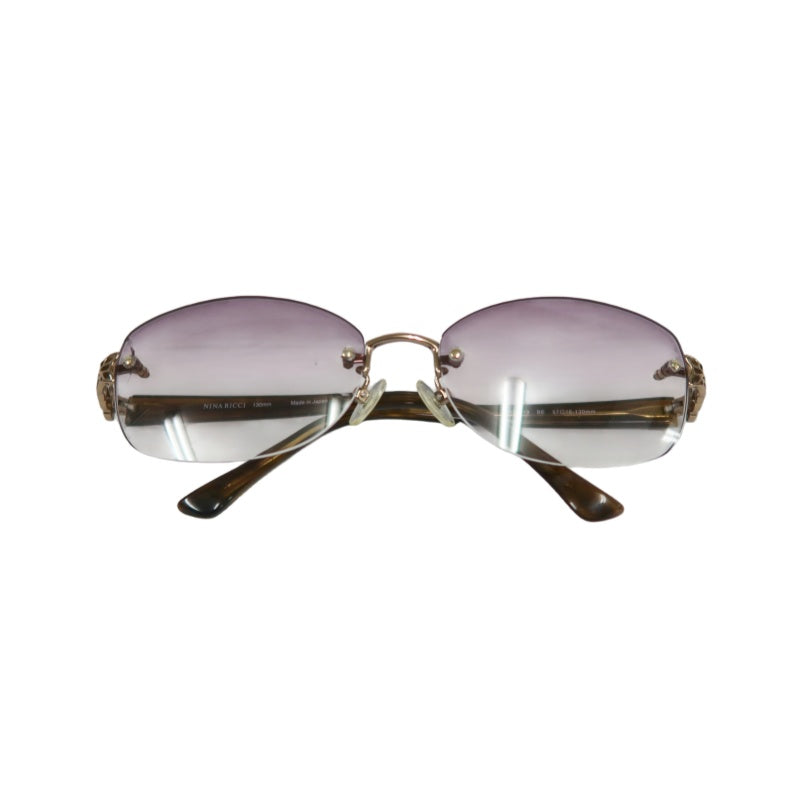 NINA RICCI Sunglasses Eyewear Gold Rimless Purple Gradient Lens Carved Decoration Elegant