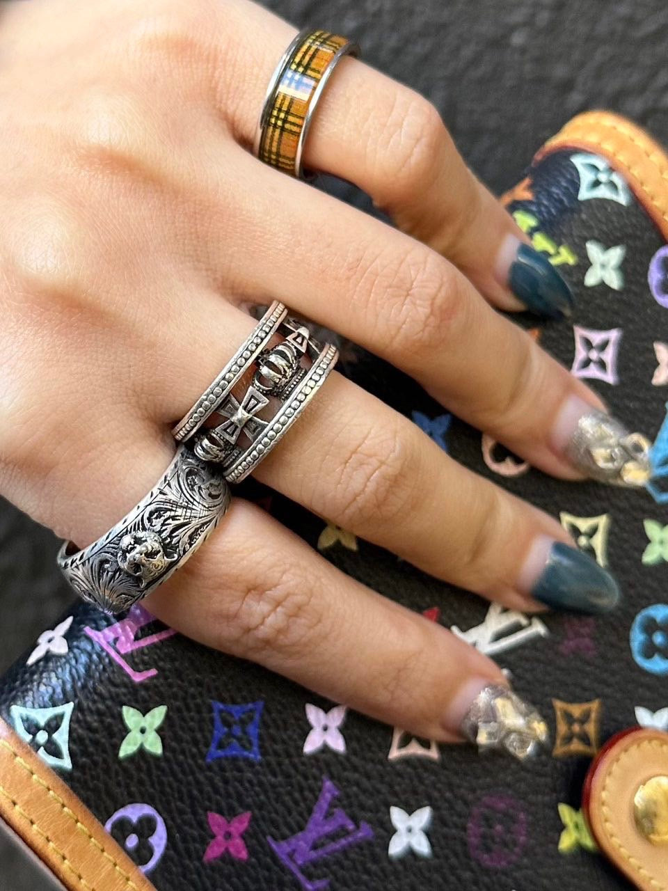BURBERRY check pattern ring, sterling silver 925