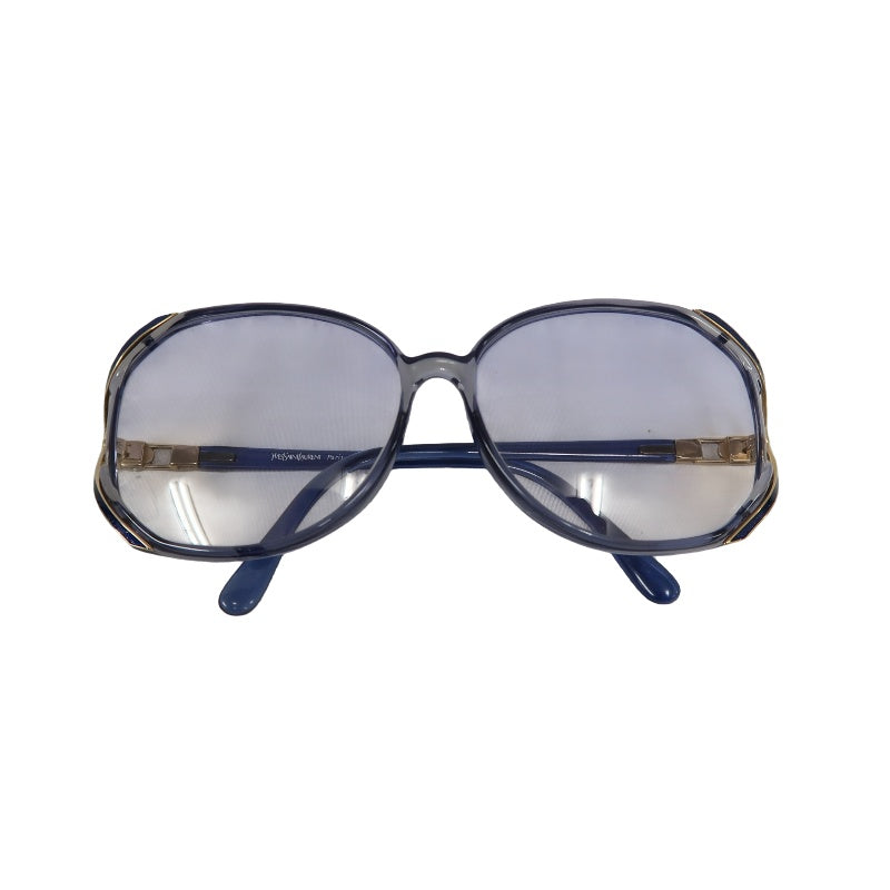 YVES SAINT LAURENT YSL Sunglasses Eyewear Blue Frame Oval Light-tone Lens Gold Accent Vintage Style