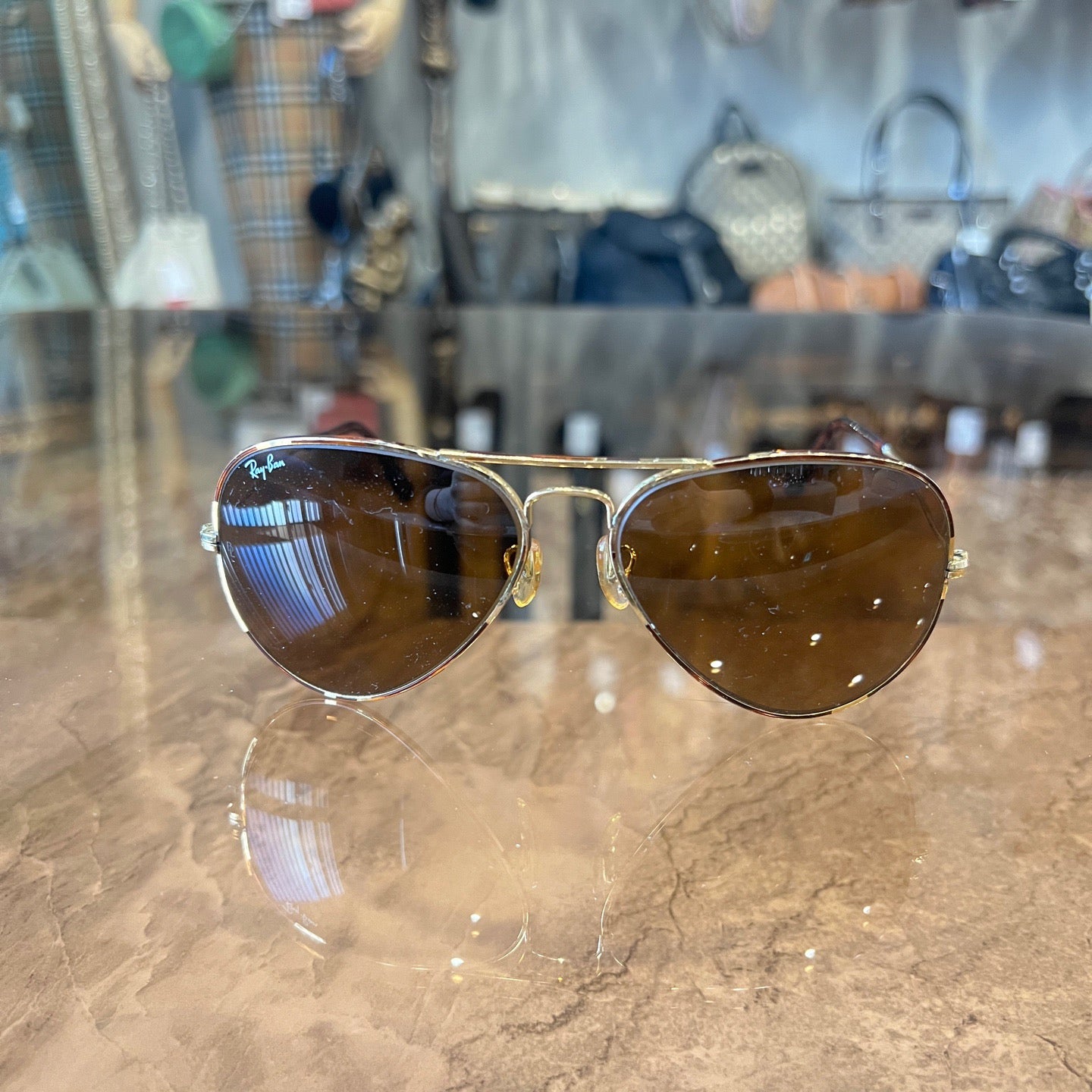 Ray-Ban sunglasses, brown, gold hardware, resin lens, with soft case