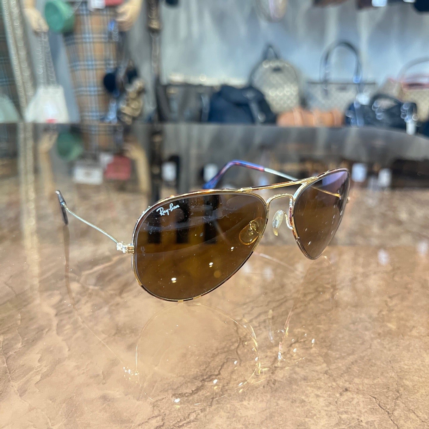 Ray-Ban sunglasses, brown, gold hardware, resin lens, with soft case