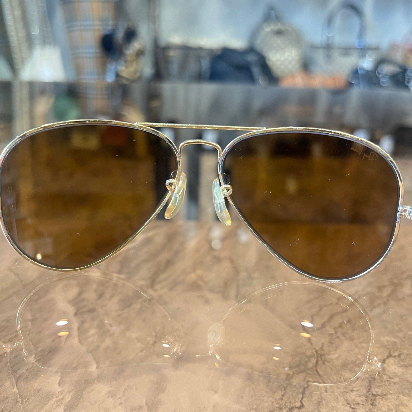 Ray-Ban sunglasses, brown, gold hardware, resin lens, with soft case