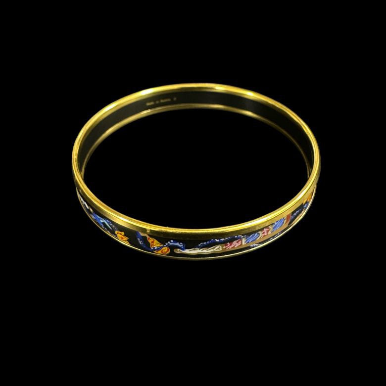 HERMES bangle, gold, navy, cloisonne with box
