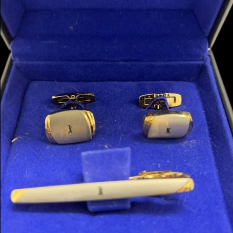 Yves Saint Laurent (YSL) cufflinks & pin set, 2 pieces, with box