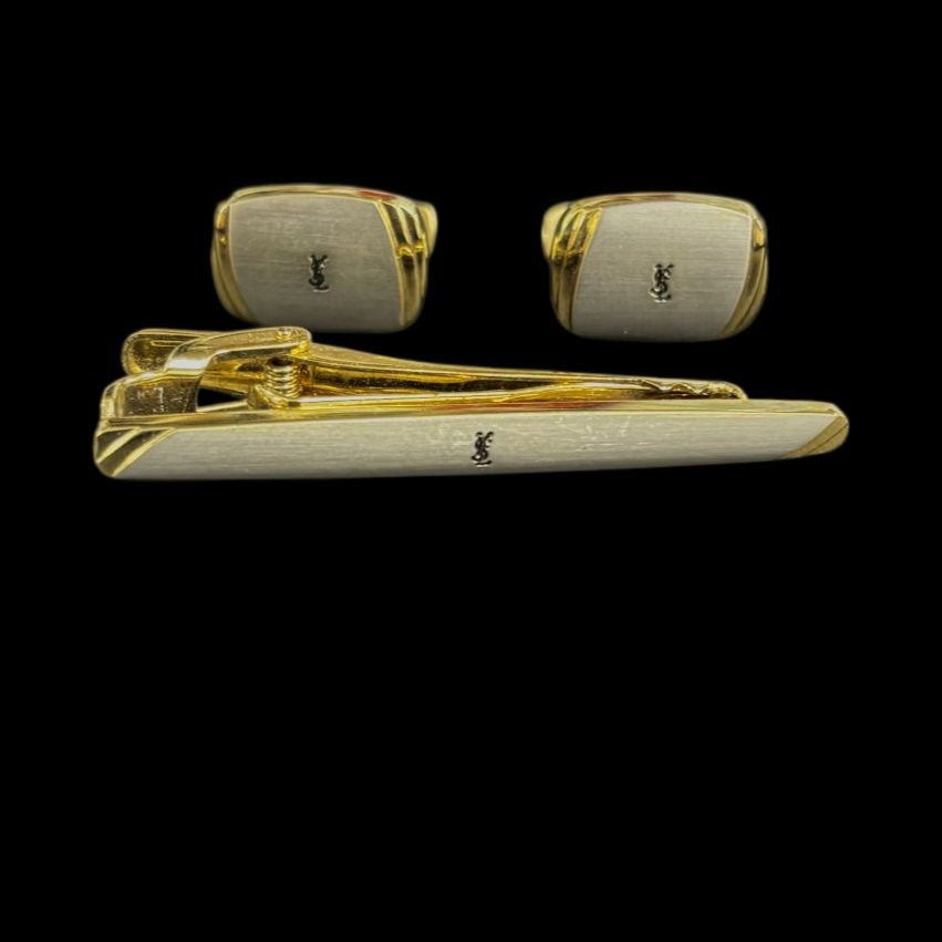 Yves Saint Laurent (YSL) cufflinks & pin set, 2 pieces, with box