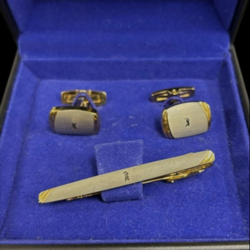 Yves Saint Laurent (YSL) cufflinks & pin set, 2 pieces, with box