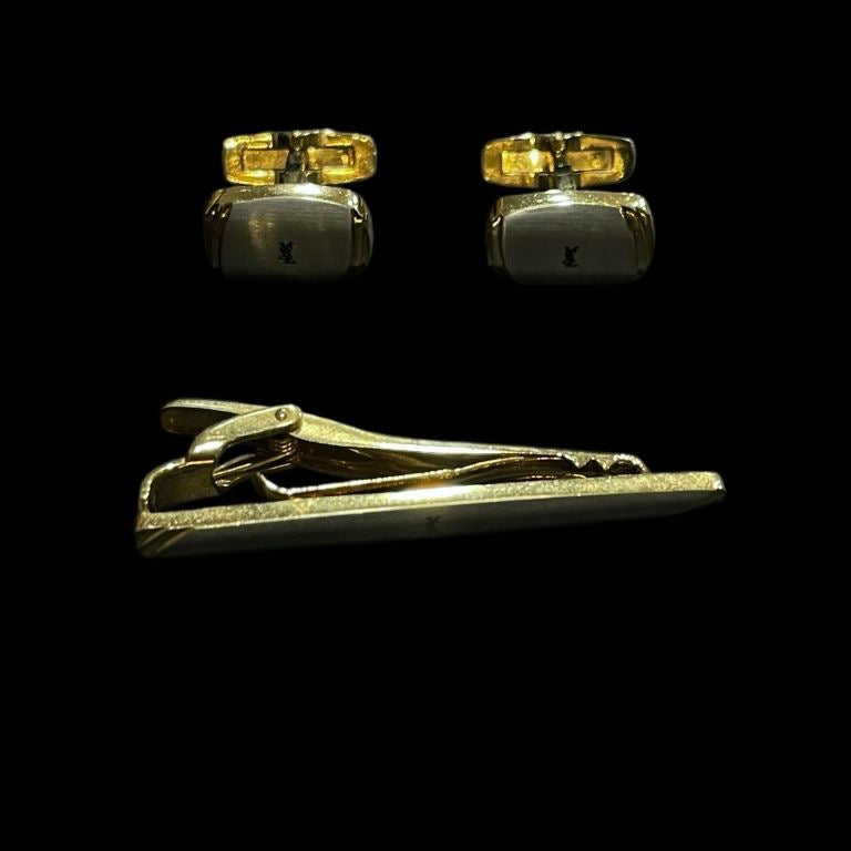 Yves Saint Laurent (YSL) cufflinks & pin set, 2 pieces, with box