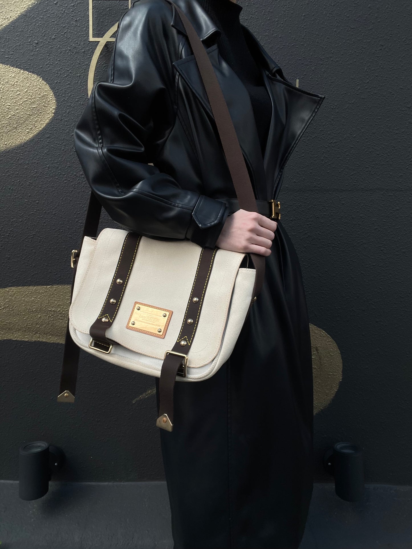 LOUIS VUITTON Antigua Buzas PM Shoulder Bag, White/Brown Canvas with Gold Hardware