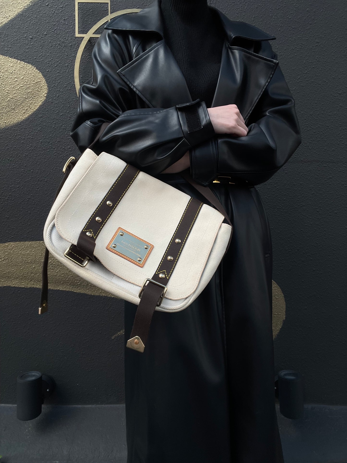 LOUIS VUITTON Antigua Buzas PM Shoulder Bag, White/Brown Canvas with Gold Hardware