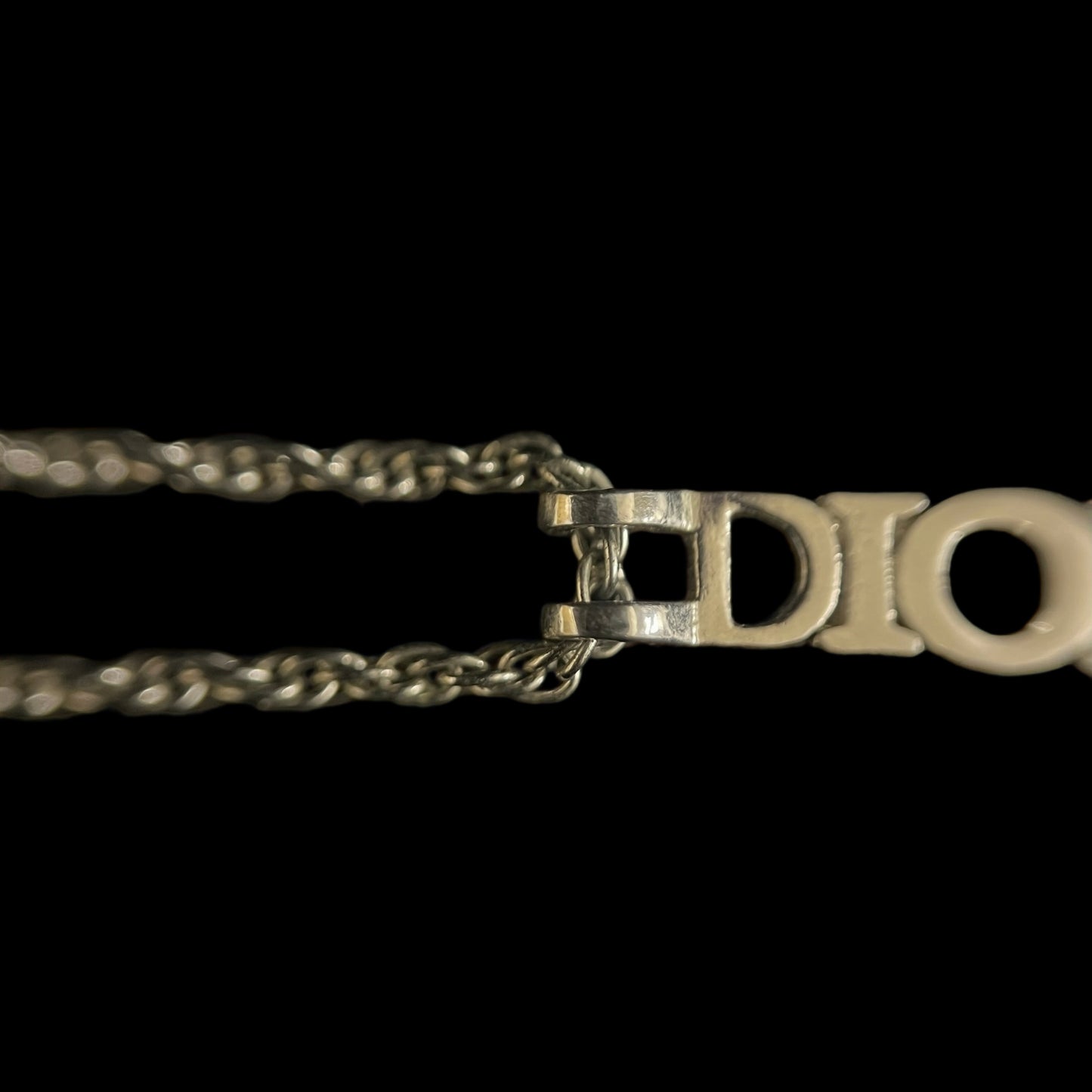 CHRISTIAN DIOR Vertical Dior Logo Pendant Necklace Silver Tone Metal Twist Fine Chain Adjustable Extension with Mini CD Charm Minimalist Cool Elegant Classic Accessory