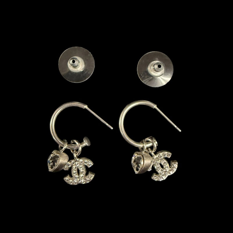 CHANEL Coco Mark Heart Rhinestone Earrings Accessory 04A Silver Crystal Heart Charm Hoop Pair Stamp