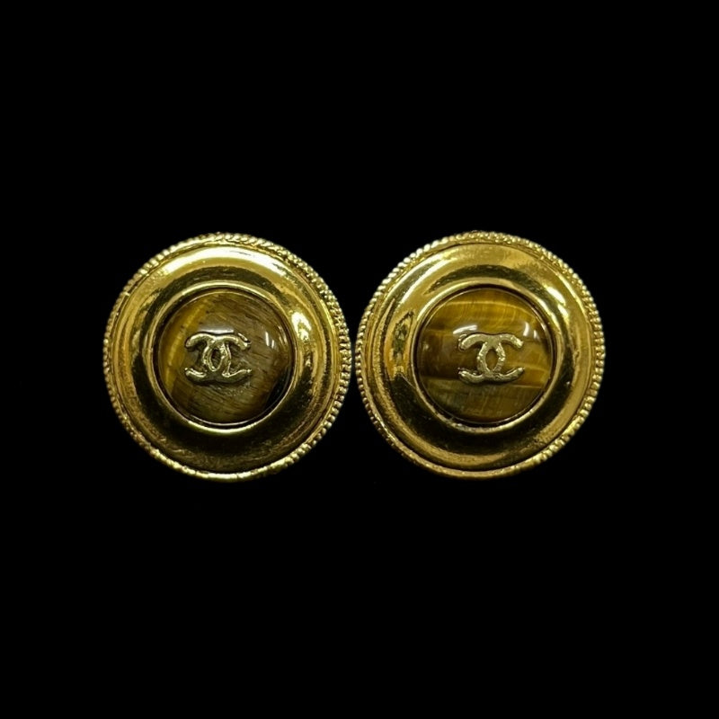 CHANEL CC Logo Round Earrings Pair Accessory Gold Tone Metal Tiger Eye Stone Inlay Vintage Elegant Classic Design