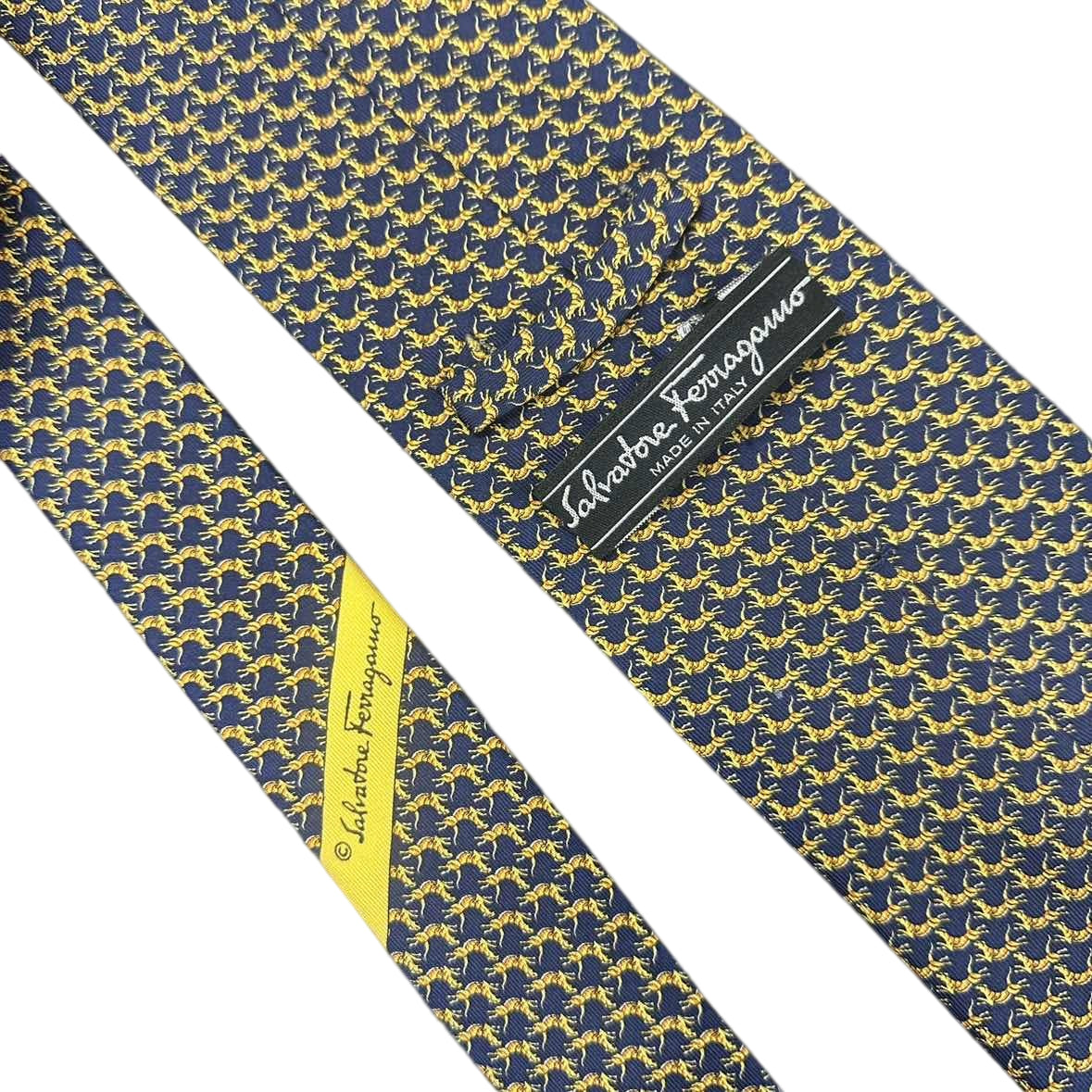 FERRAGAMO Silk Tie, Navy Base with Horse Pattern