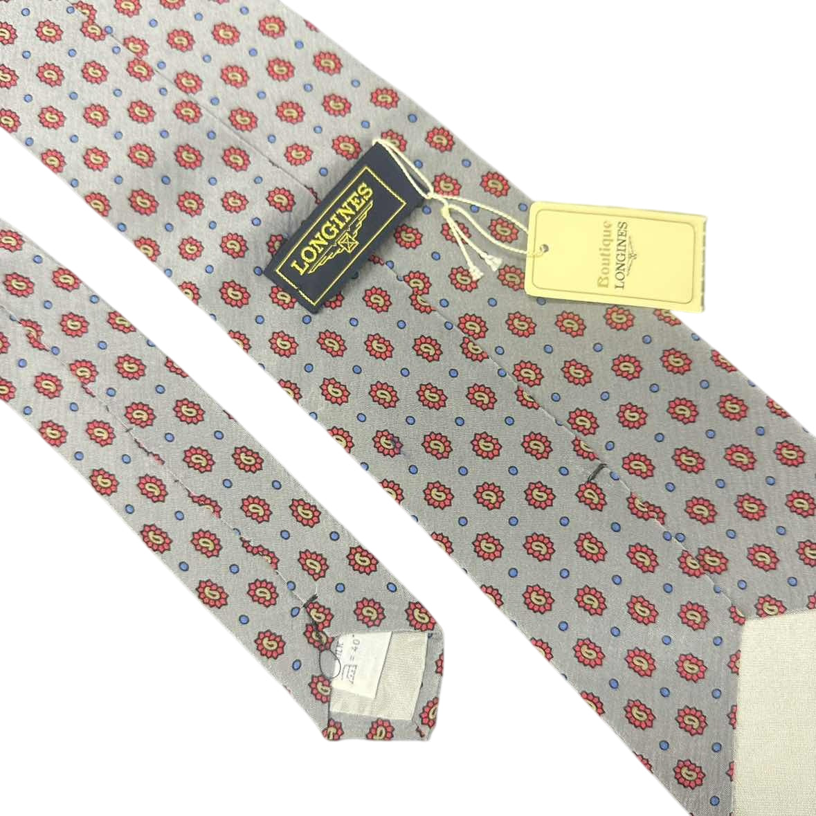 LONGINES Silk Tie, Grey Base with Small Floral Motif and Dot Pattern